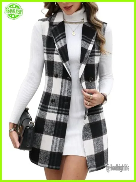 Tweed Plaid Long Vest Sleeveless Blazer Jacket with Pockets