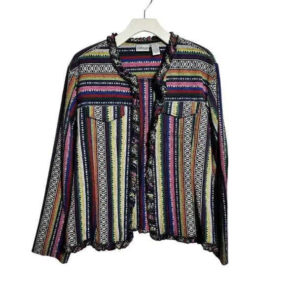 Chico's Boho Jacket Women‎ XL Rainbow Embroidery Woven Open Front Pockets Ruffle