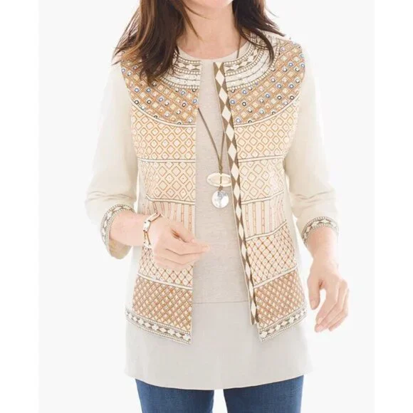 CHICO'S Women’s Embellished Jacket Tan Beige Embroidered‎ 3/4 Sleeves Size 2
