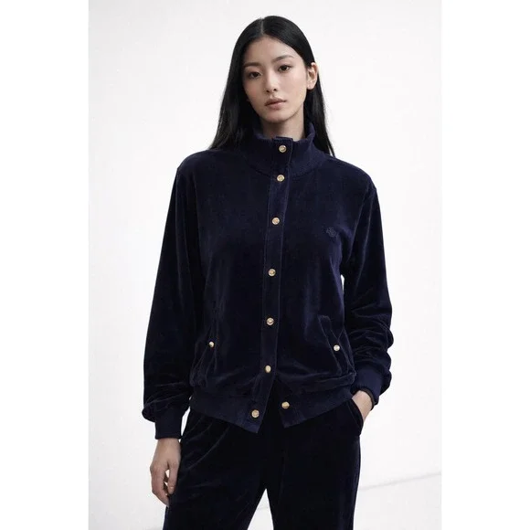 LRL Ralph Lauren Navy Velvet Track Jacket Sz XL Gold Snaps Vintage Y2K City Chic