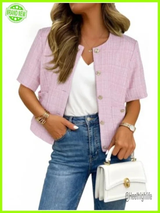 Tweed Suit Blazer Jacket Short Sleeve Fully Lined Business Casual Coat with