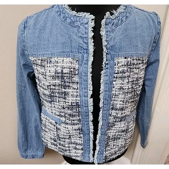 Arianna by Howard's Blue Denim Tweed Mixed Media Frayed Jacket‎ Womens Size S/M