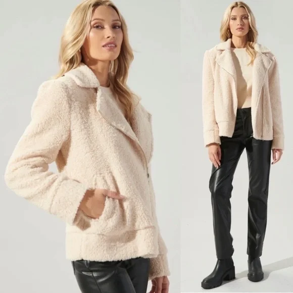 NEW! SUGARLIPS- Cream Beige Neutral Rowan Faux Sherpa Moto Jacket NWT Size Large