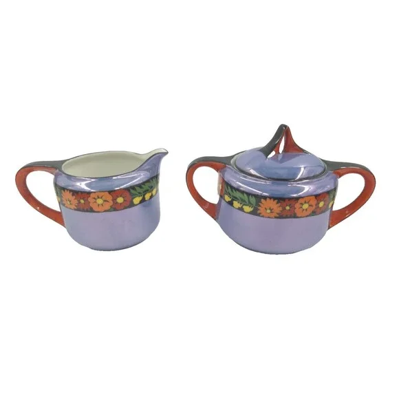 Vintage Creamer & Sugar Bowl Noritake  “M” Lusterware Hand Painted Floral Japan