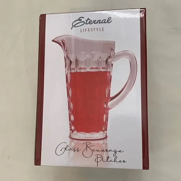 Eternal Lifestyle Clear Glass Beverage Pitcher 48 Ounces Durable Crystal New