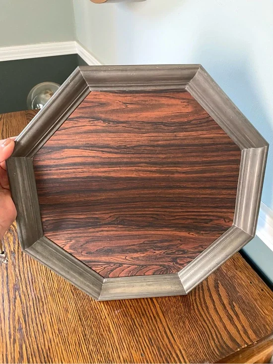 Vintage MCM Gorham Octette Octogonal Pewter and Faux Wood Formica Serving Tray