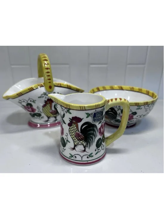 Vintage Ucagco Early Provincial Rooster And Roses Pitcher Basket & Bowl