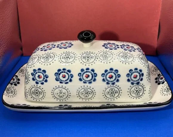 Royal Ceramic Butter Dish Blue & Cream Red Dots are Raised