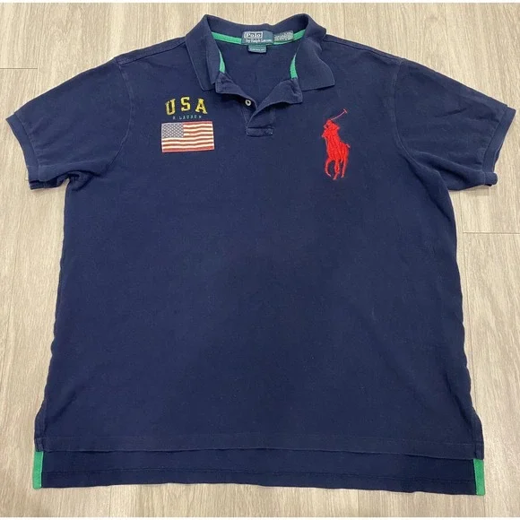 Vintage Polo Ralph Lauren Big Pony USA Shirt Mens XXL Blue USA Flag Custom Fit