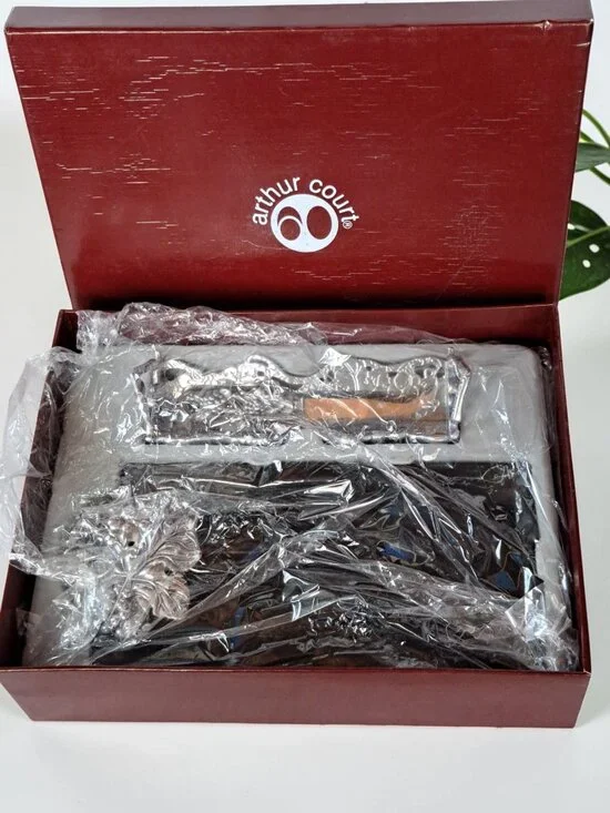 Arthur Court Cheese Cracker Pewter Grapes Black Marble 3 Piece Serving Set New