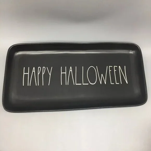 Rae Dunn Happy Halloween Serving Tray Platter Matte Black White 13