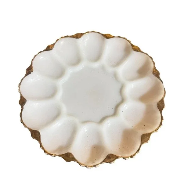 Vintage‎ Anchor Hocking Fire King Deviled Egg Plate Platter Gold Trim 10