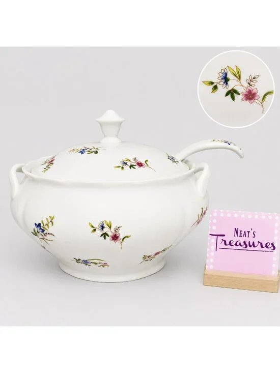 BIA Cordon Blue VERSAILLES Scalloped Red Blue Flowers Lidded Soup Tureen W Ladle