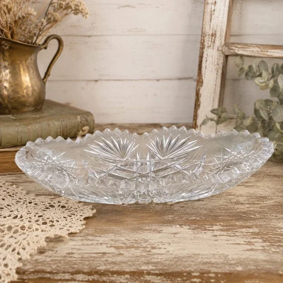 Vintage American Brilliant Cut Glass Celery Dish Relish Tray Starburst Sawtooth