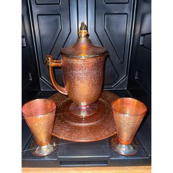 Jannette Marigold Carnival Glass Pitcher Set Lidded Tray 2 Tumblers Crackle 5pc