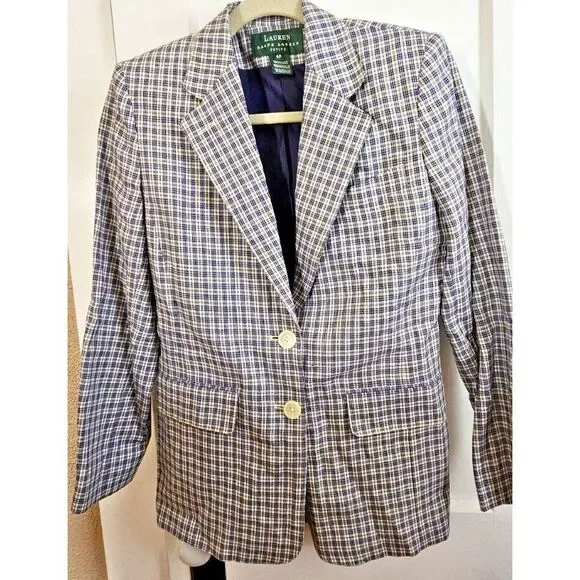VTG LAUREN Ralph Lauren plaid blazer 100% Linen‎ petite 4P USA made