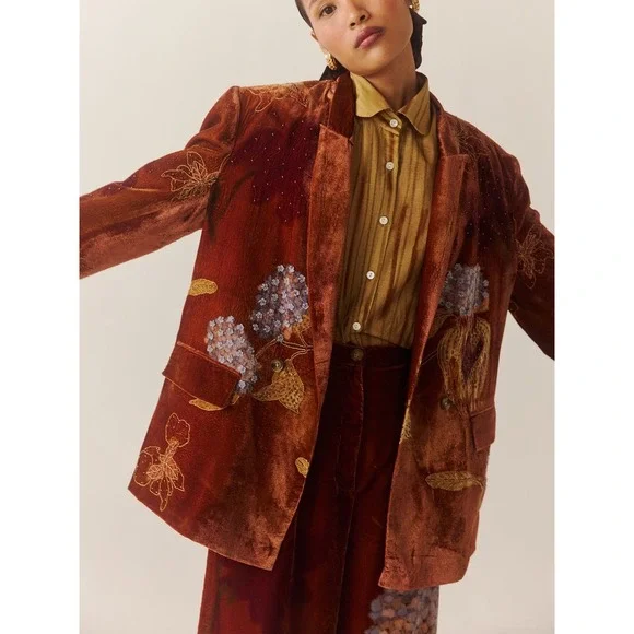 CORD Studio Rust Velvet Embroidered Beaded Floral Blazer Oversized Rust S/M Boho