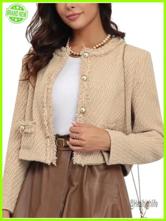 Tweed Blazer Jacket with Pockets Cropped Long Sleeve Open Front Collarless