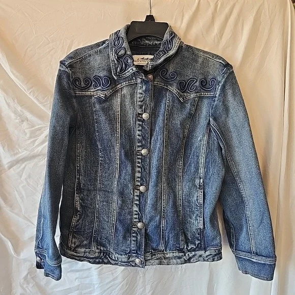 Back In The Saddle‎ Womens L Denim Jacket Southwestern Detail Embroidery Rodeo