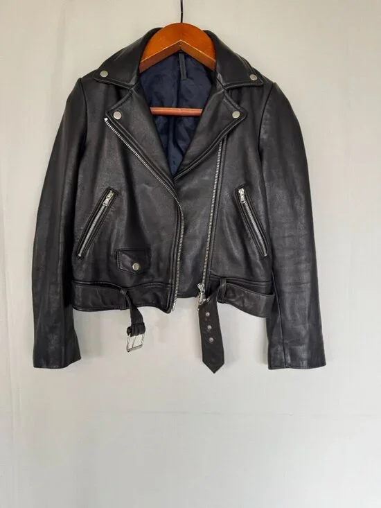 Topshop Black Genuine Leather Silver Hardware Relaxed Oversize Moto Jacket Sz 4