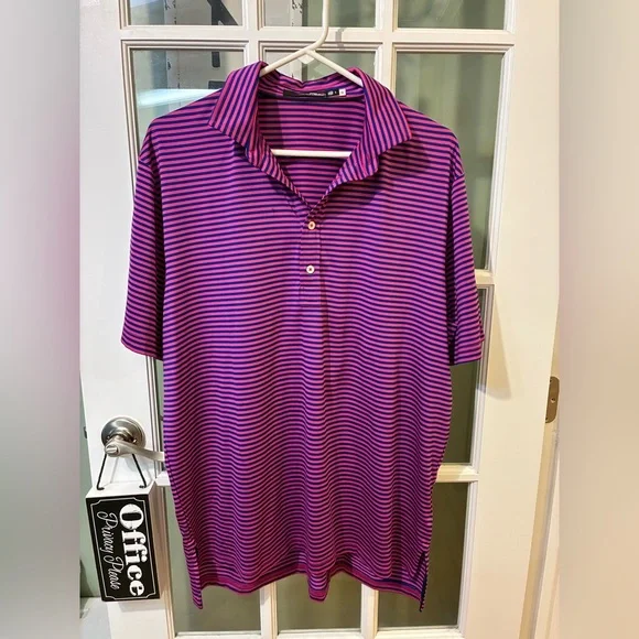 RLX Ralph Lauren Performance Golf Polo Pink Navy Striped Short Sleeve Shirt L