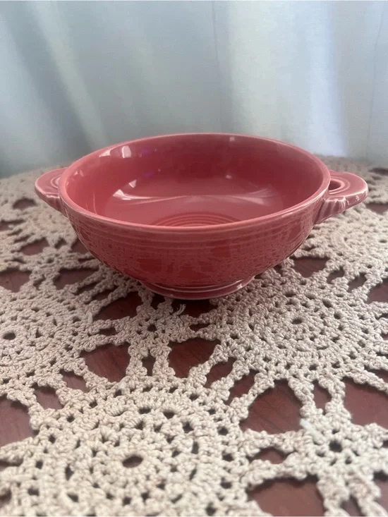 Vintage Fiesta Rose Pink Double Handle Soup Bowl USA Homer Laughlin Cottagecore