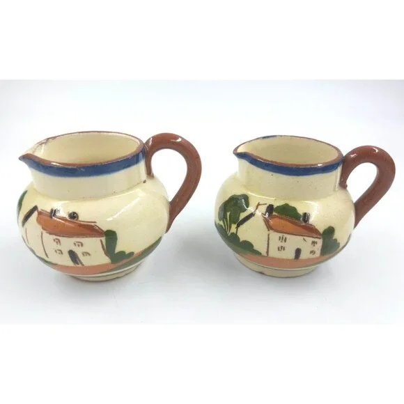 2 Vtg Devon Motto Ware Small Creamer Pitcher Time Ripens All Things Hand Painted