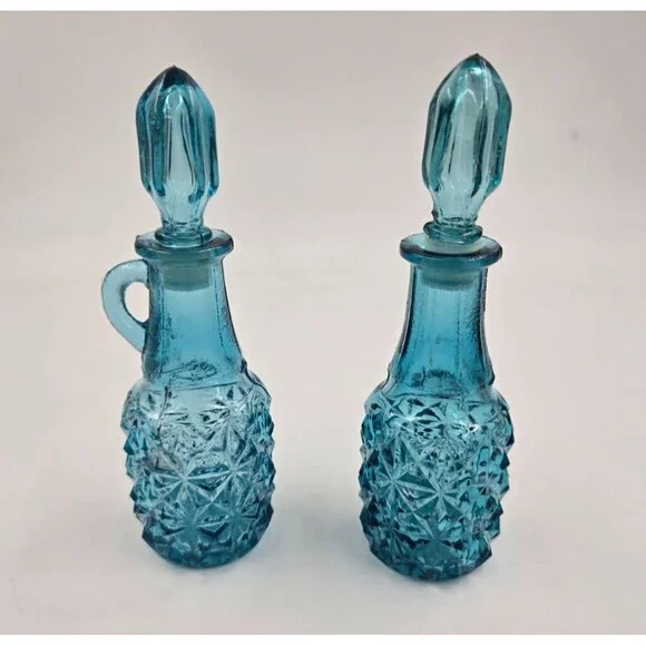 Vintage Indiana Glass Teal Oil & Vinegar Cruet Starburst - Hard to Find Set