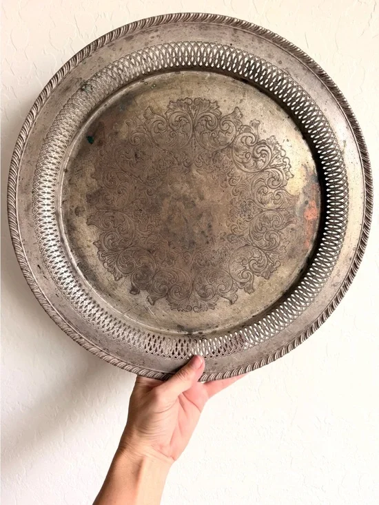 Ornate Round Decorative Metal Serving Tray in Antique Silver Tone