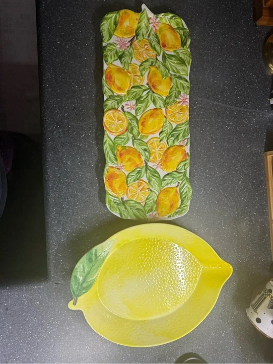 Hand-Painted Lemon Serving Platter & Lemon-Shaped Bowl