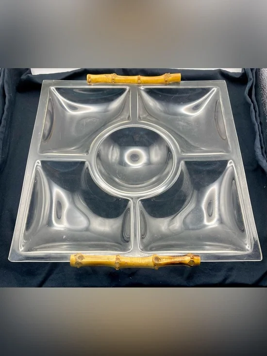 Vintage MCM Lucite Acrylic Sectioned Serveware Platter with Bamboo Handles