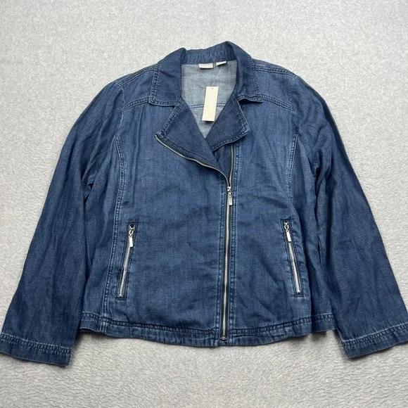 NEW Chicos Denim Moto Jacket Womens 3 Blue Dark Wash Linen Asymmetrical Jean Y2K