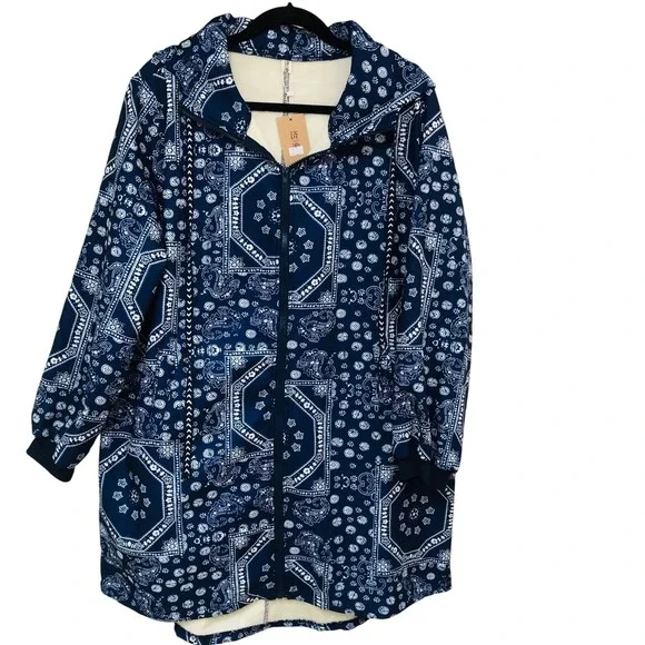 NW  Bandana Hooded Long Zip Jacket‎ Womens 1X 2X Paisley Lined Streetwear