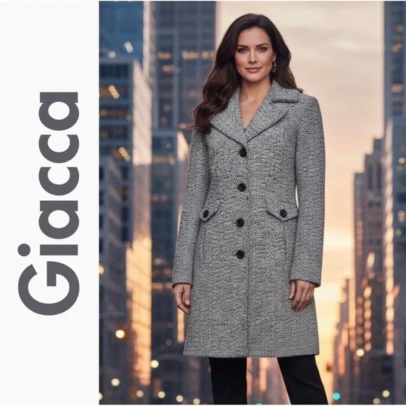 Giacca Tweed Wool Blend Button Front Coat Black White Size‎ Medium