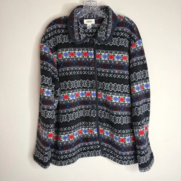 Talbots Fleece Jacket Womens XL Multi Color Fair Isle Geometric Button Front USA