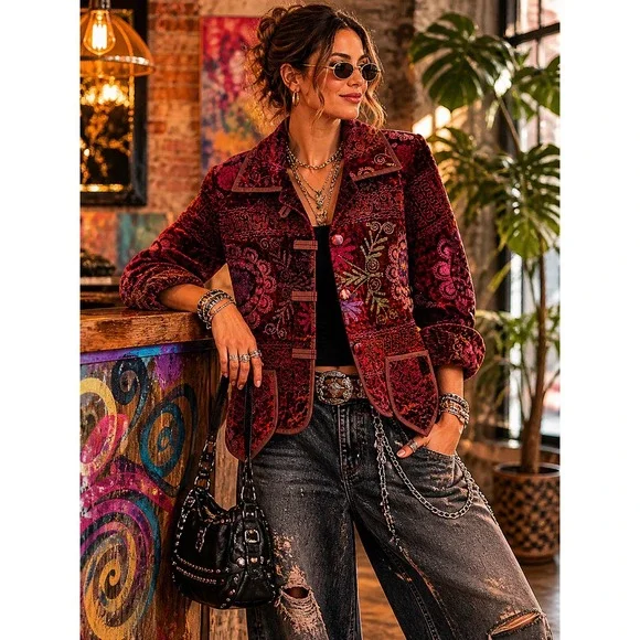 Desira Samorani Boho Embroidered Velvet Jacket Paisley Lined Size M Whimsigoth‎