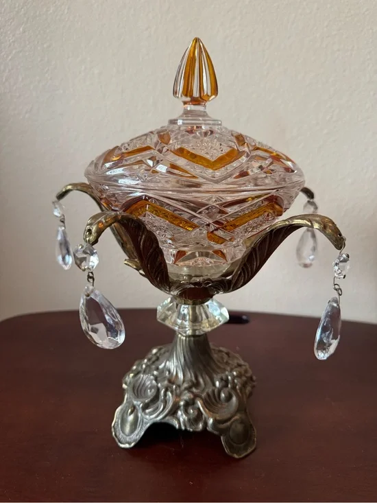 Vintage Amber Cut Glass Candy Dish with Crystal Prisms and Ornate Metal Base