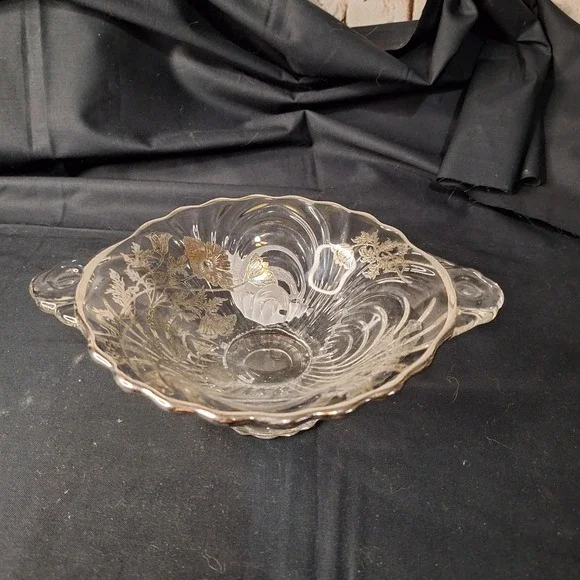 Antique Silver Overlay Clear Glass Footed Candy Dish‎ 2-Handle Floral Poppy Bowl