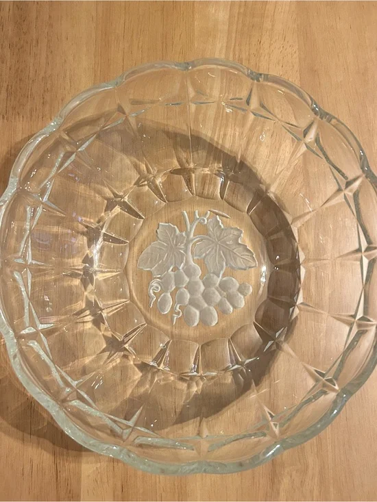 Vintage Clear Glass Grape Motif Serving Bowl - Transparent