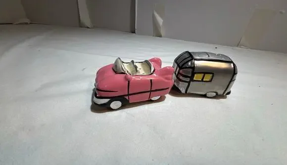 Vintage Ceramic Car and Trailer Salt and Pepper Shakers