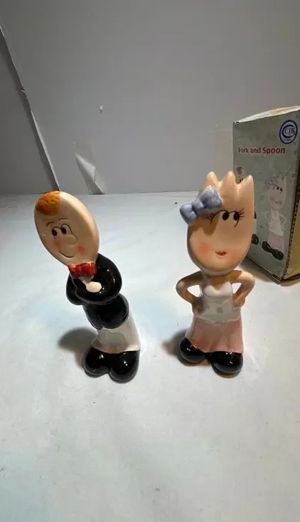 Vintage Ceramic Fork and Spoon Figurines Salt And Pepper Shakers