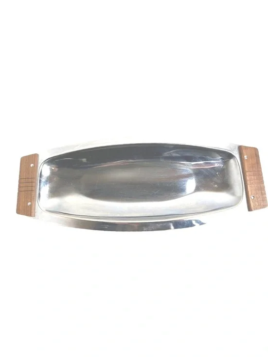 Vintage Mid-Century Modern Chrome and Wood Serving Tray