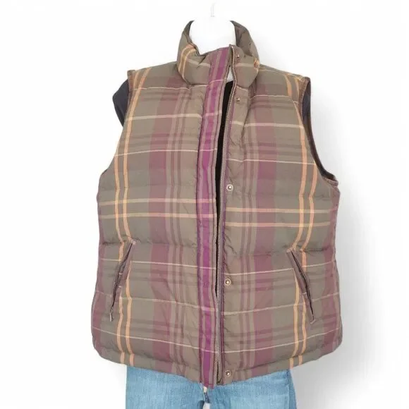 Ralph Lauren Premium Goose‎ Down Reversible Plaid Full Zip Vest Olive Women's L