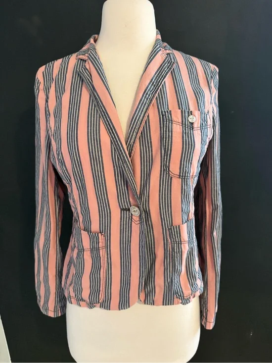 American Eagle women’s  Pink & Navy Striped Blazer Jacket cotton/linen