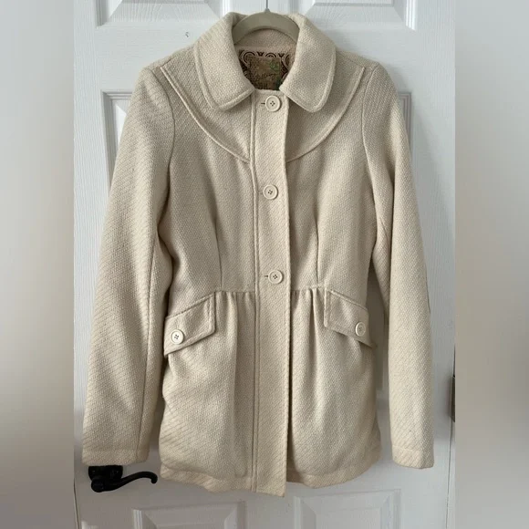 Billabong Women Medium Ivory LS Pea Coat Jacket Wool Blend Lined EmbroideredLogo