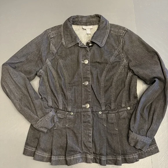 Motto Y2K Denim Blazer‎ Jacket Pleated/Fitted Girly Ruffles VTG  Size Small Blk