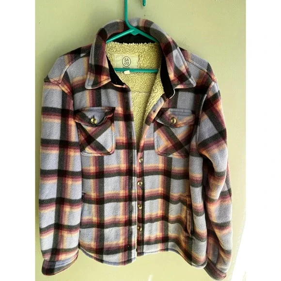 Sage Collective Womens Plaid Sherpa  Lined Shirt Jacket Purple CabinCore