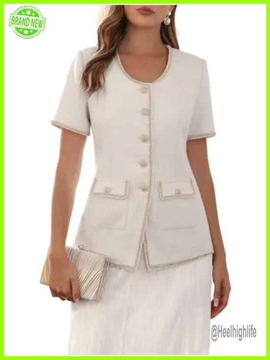 Tweed Blazer Jacket with Braid Trim - Loose Fit, Short Sleeve, Scoop-Neck,