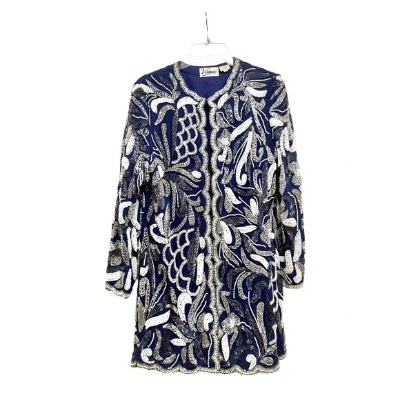 Vinnie Womens Navy Blue Silk Beaded Floral Evening Jacket Duster Size L Vintage