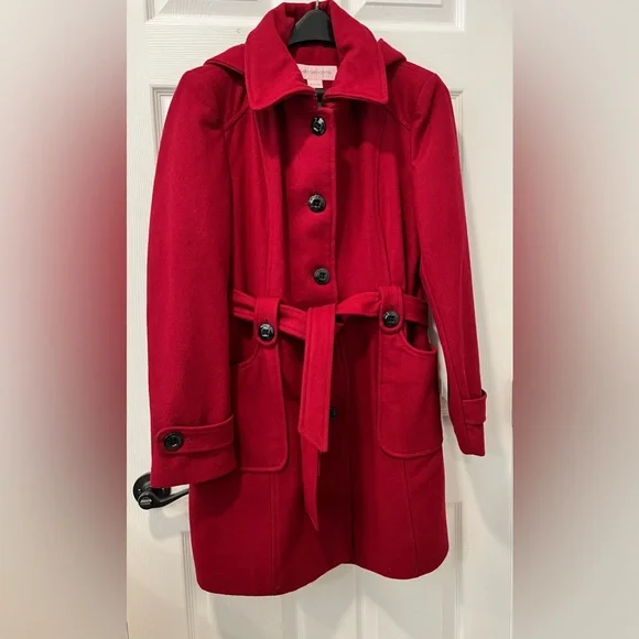 Liz Clairborne Women L Elegant Burgundy Red Peacoat/Winter Coat  Wool Blend Hood